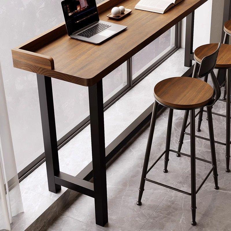 Solid Wood Balcony Bar Table with High-Low Legs and Wall-Leaning Design, Perfect for Window-Side Use, with High Table and Chairs.