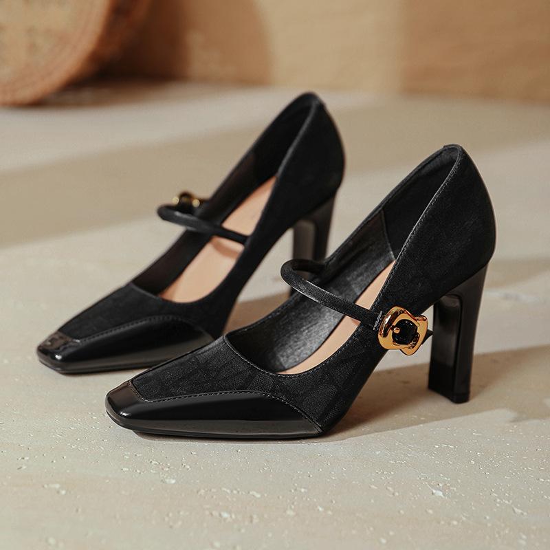 

Туфли Мэри Джейн на высоком каблуке с красным высоким каблуком толстый каблук сексуальные 2025 новые комбинированные французские туфли с квадратным носком 40 чёрный