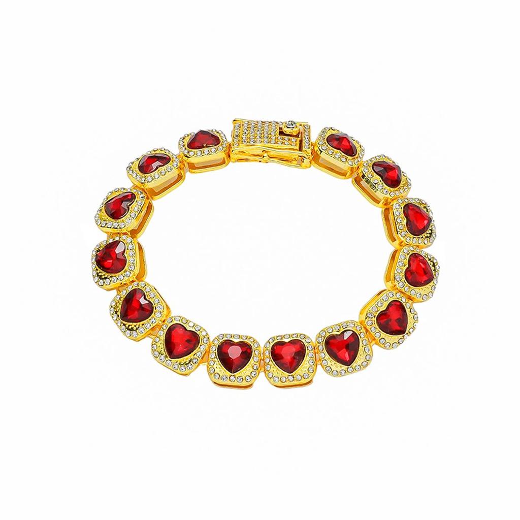 European & American Men's Bold Full Diamond Red Peach Heart Cuban Chain Bracelet - Nightclub Trend Jewelry