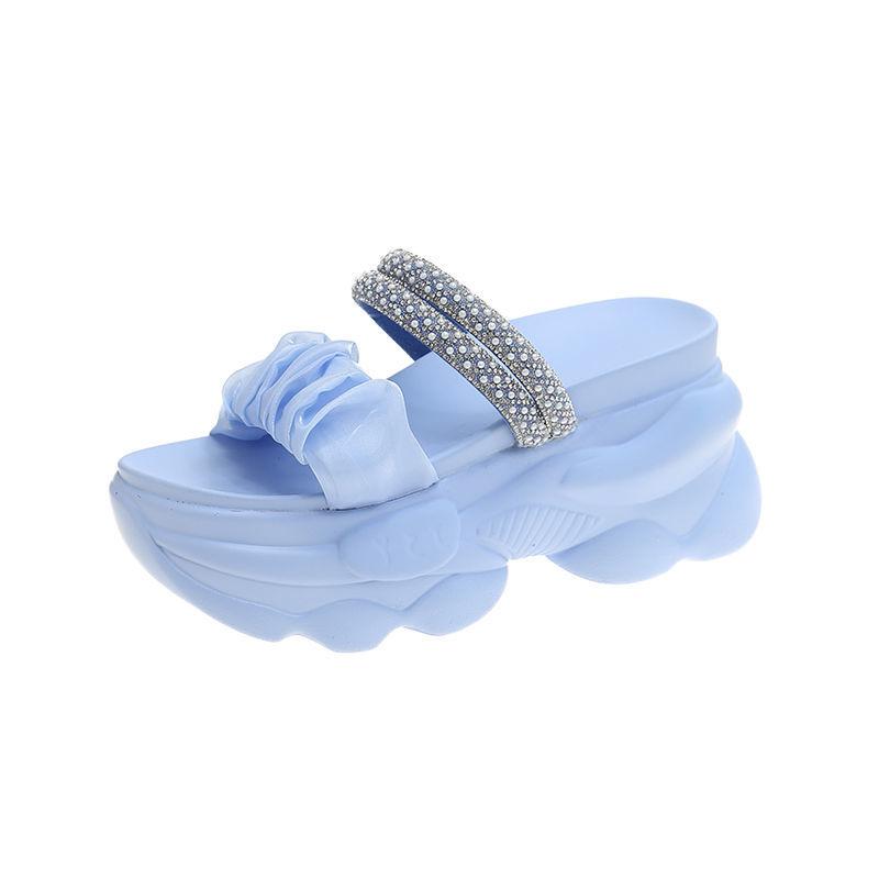 CINESSD Summer Platform Slippers Women Blue Pleated Riband Discolor Ladies Chunky Sole Beach Cool Wedges Slides Shoes Woman