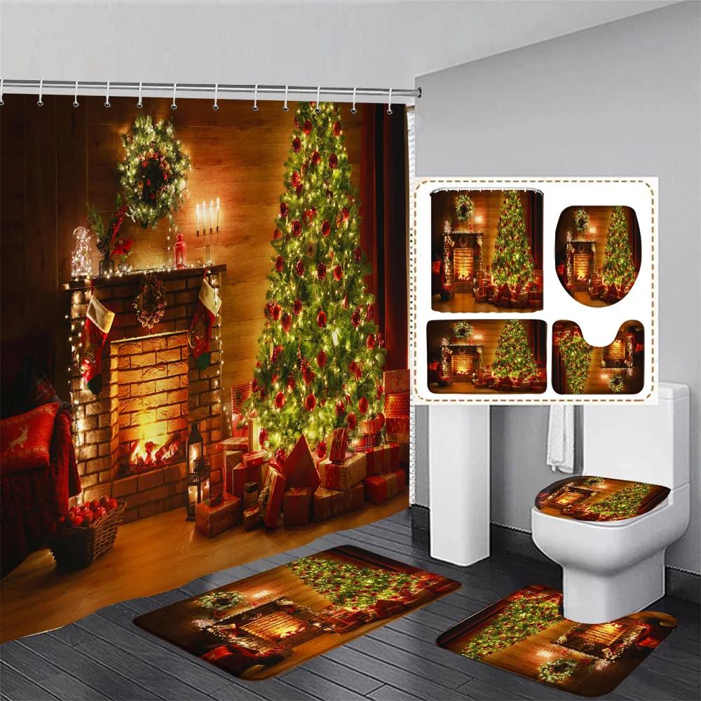 Funny Snowman Shower Curtain Set Xmas Ball Silver Pine Branches Gift Christmas Home Bathroom Decor Rug Bath Mat Toilet Lid Cover