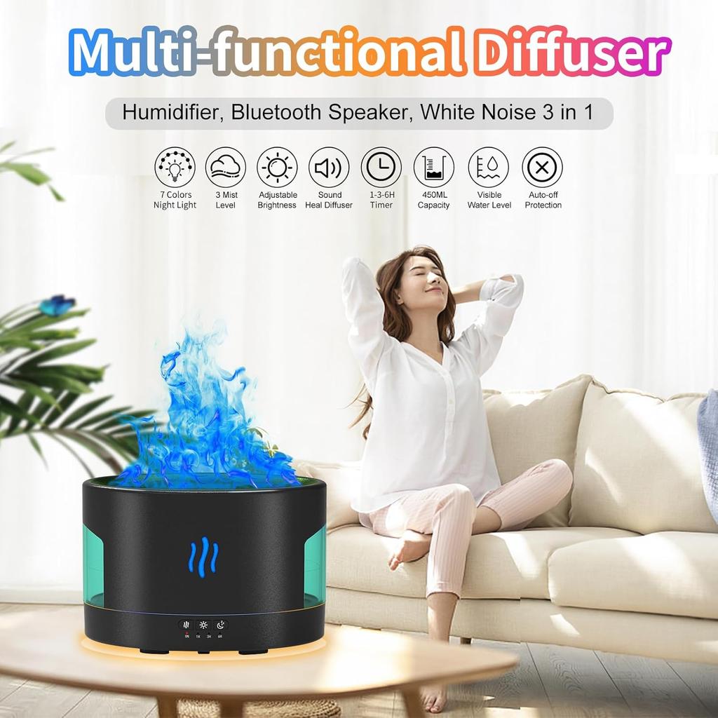 Oil Diffusers for Home Large Room,450ml Air Diffuser Humidifier with Bluetooth Speaker, White Noise and Remote, Flame Humidifier for Bedroom,Office,