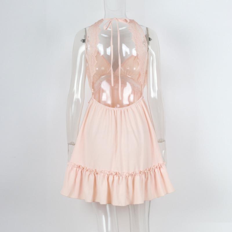 Solid Color Women's Sexy Backless Halter Waist Lace Dresses