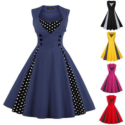 Women's Fashion Casual Retro Polka Dot Stitching Lapel Sleeveless  Dress