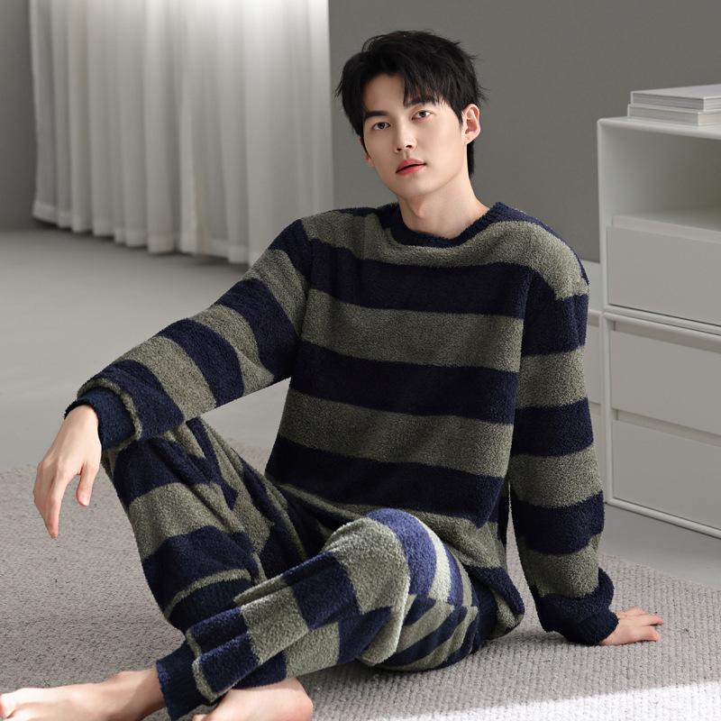 

Пижама мужская зимняя полуфлисовая утолщенная флисовая теплая большого размера модная в полоску осенне-зимняя коралловый флис домашняя одежда 3XL