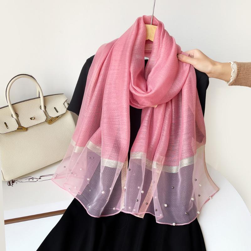 Spring new solid color pearl silk scarf women's imitation silk light large shawl long scarf scarf