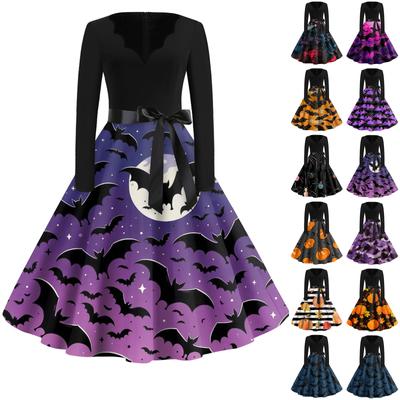 Women's Fashion V-Neck Casual Slim Halloween Printed Long Sleeve Dresses