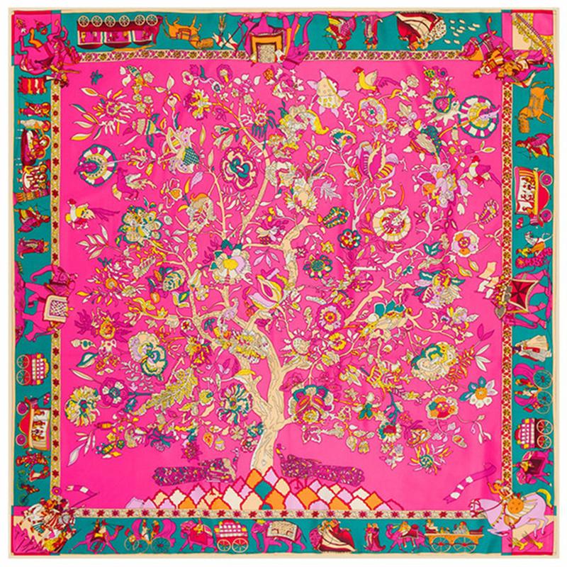 130*130Cm Twill Silk Scarf Luxury Animal Elepha Life Tree Print Women Shawls Stoles Square Bandana Kerchief Hijab Female Foulard