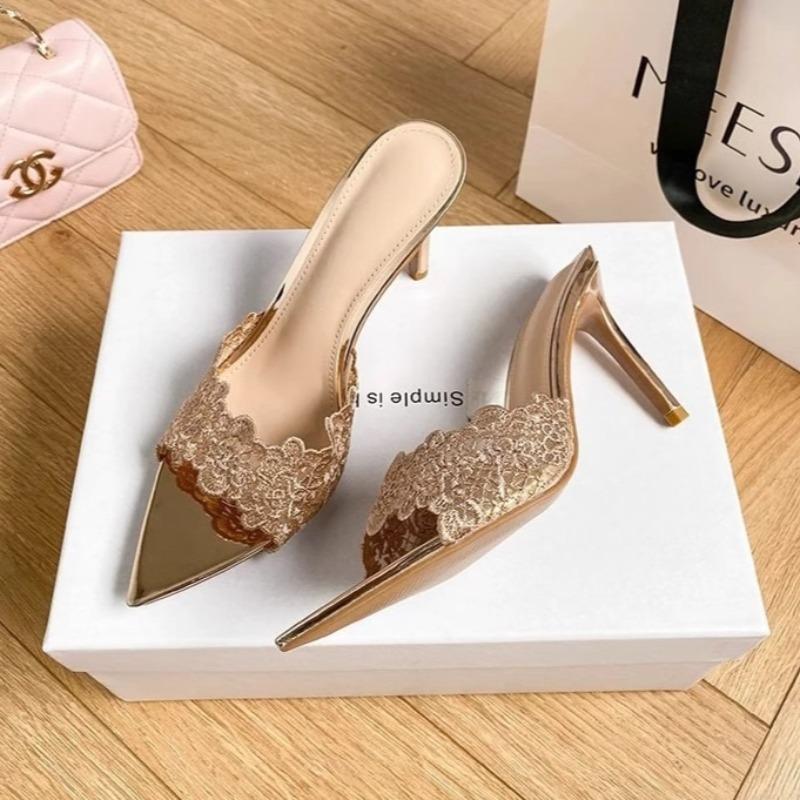 Damen High Heel Pantoffeln Stickerei Spitze Spitze Pantoffeln Elegantes Temperament High Heels Einzelne Schuhe für Damen Bankett Pumps