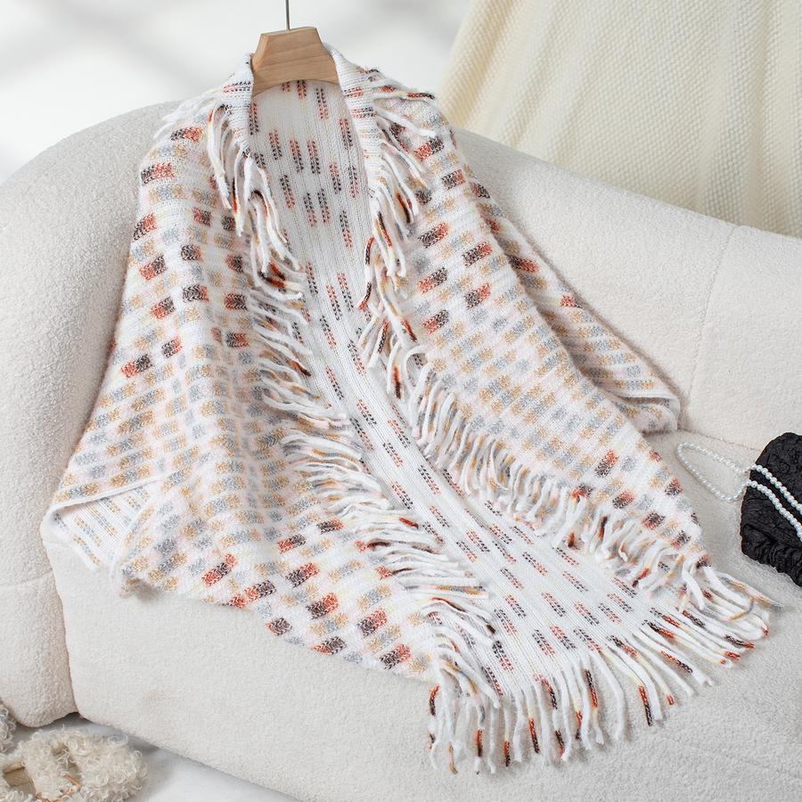 

Colorful Striped Knitted Fringe Shawl for Women Autumn Winter New European and American Casual Loose Knit Cape One Size абрикосовый