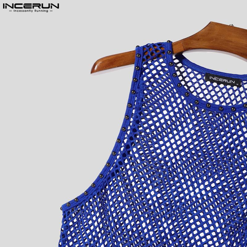 INCERUN Herren Ärmellos Durchsichtig Nieten Patchwork Lässige Tanktops
