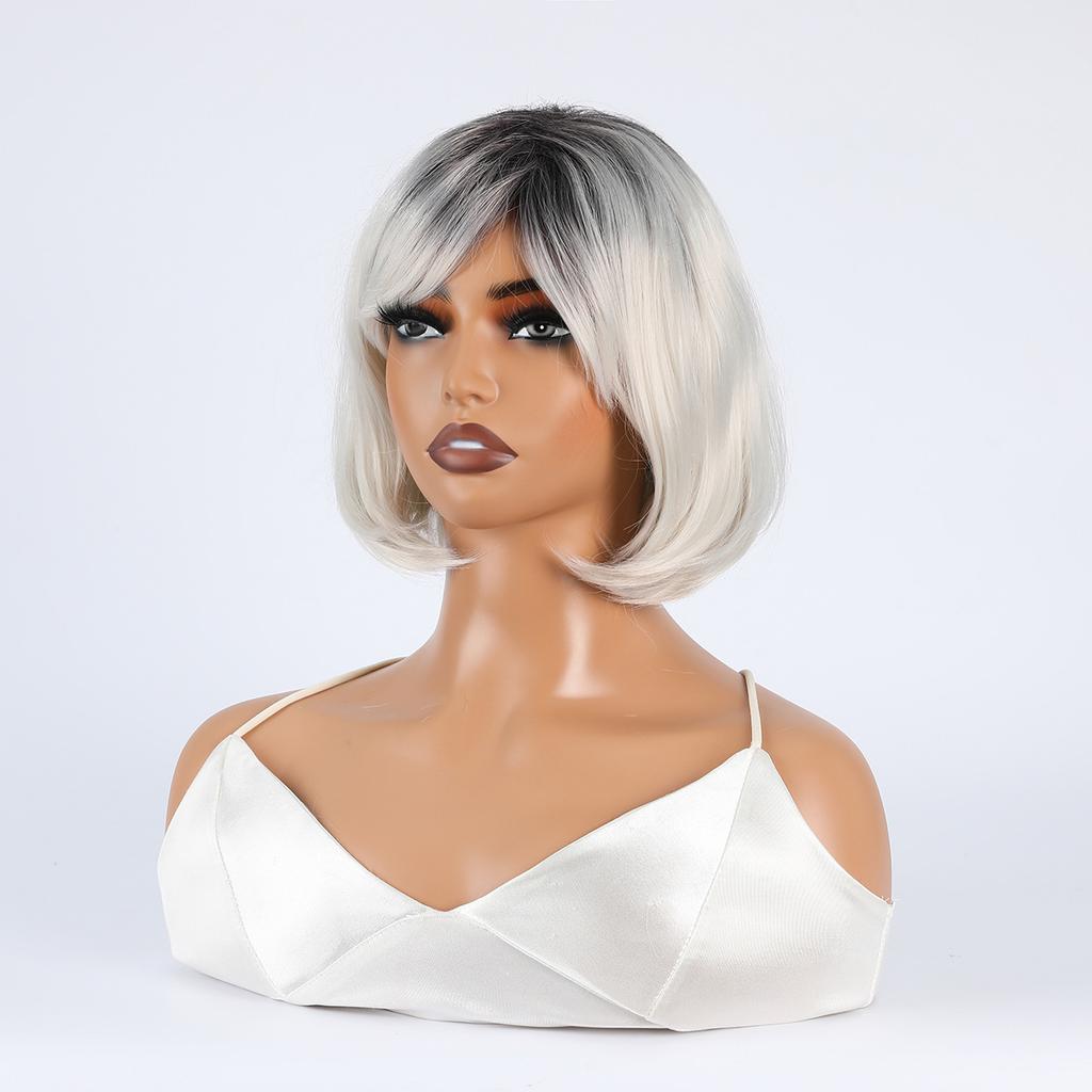Ladies Short Straight Bob Synthetic Wigs for Women Fluffy White Black Gray Silver Wig Cosplay Party Daily Heat Resistant Fiber Hair