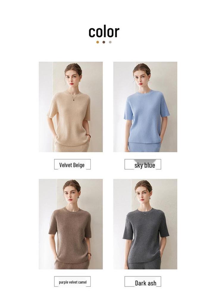 100% Pure Cashmere Round Neck Knit Short Sleeve Sweater