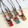 Bohemian Ceramic Bead Necklace - Long Axe Pendant Statement Chain with Folk Art Beads for Sweater Boho Style