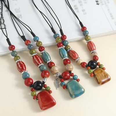 Bohemian Ceramic Bead Necklace - Long Axe Pendant Statement Chain with Folk Art Beads for Sweater Boho Style