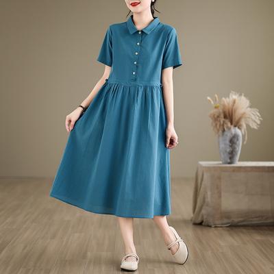 Retro Cotton and Linen Dress Women's 2025 Summer New Loose and Thin Polo Collar Short-sleeved Solid Color Medium and Long Skirt