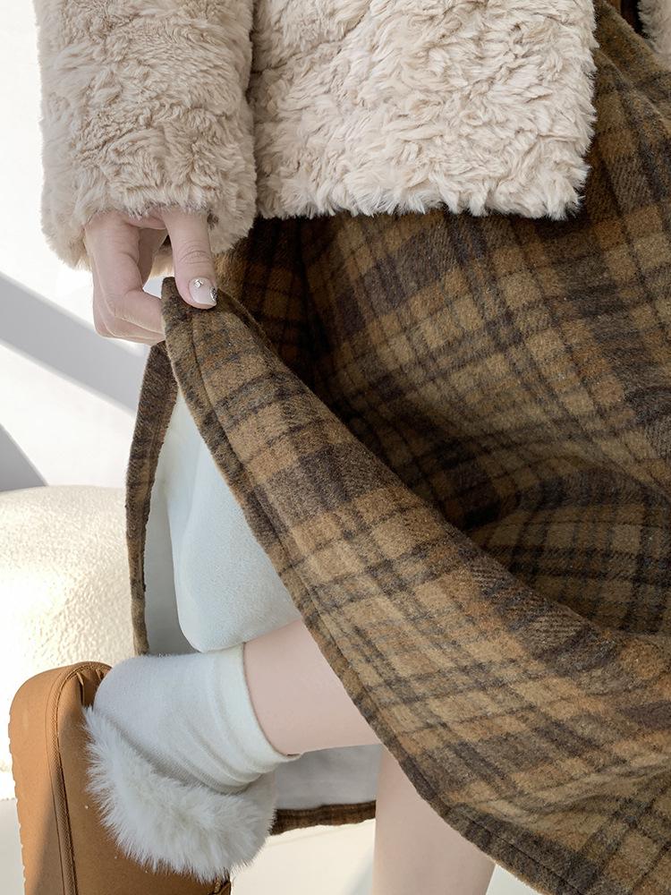 Korean Retro Plaid Woolen A-line Skirt for Women - High Waist Winter Long Skirt