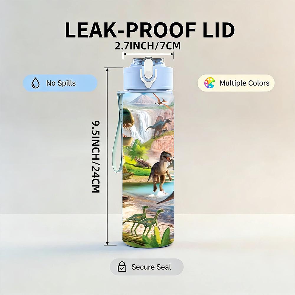 1 Stück Dschungel Wild Dinosaurier Fluss Landschaftliches Layout 750ml Farbe Kunststoff Wasserflasche Auslaufsicher Klappdeckel mit Strohhalm Für Sport Büro Heimgebrauch