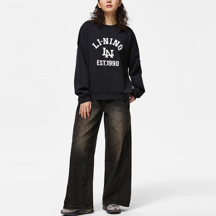 Li Ning Letter Print Crew Neck Pullover Sweatshirt Women Sweatshirt Black AWDTB46-2