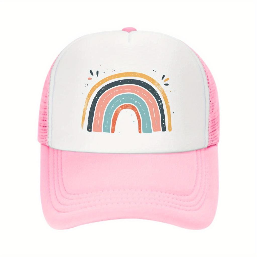 Rainbow Graphic Trucker Hat Pink Mesh Back Adjustable Baseball Cap Breathable Summer Outdoor Sports Cap
