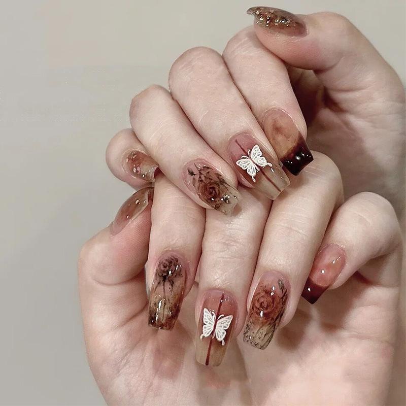 Chinese Ink Wash Wearable Nail Art Stickers - Long T-Shaped Fake Nail Patches