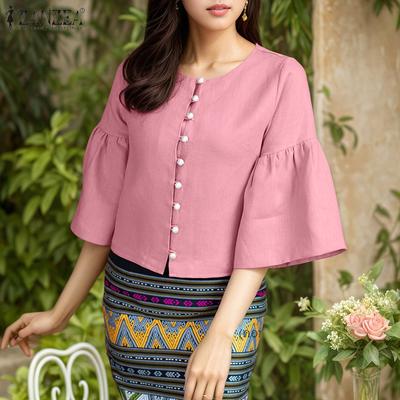 Women Casual Round Neck Solid Color 3/4 Sleeve Blouse