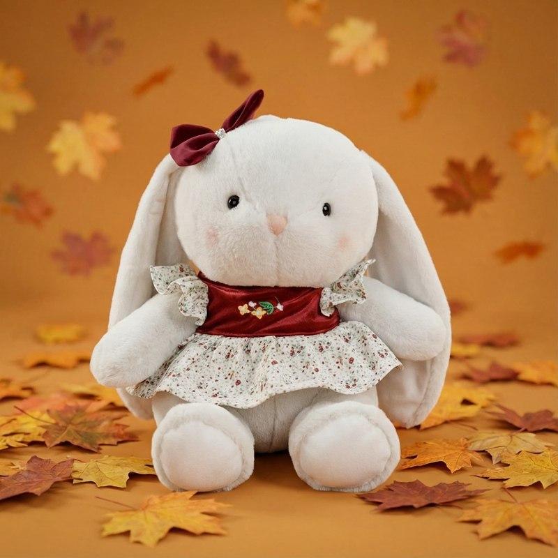 Plush Rabbit Toy For Kids And Adults With Floral Print Dress And Bow Decoration For Girls