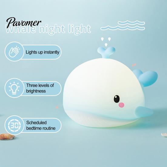 Eye Friendly Bedside Lighting Cute Whale Silicone Touch Night Light, USB Rechargeable Lamp with Portable Animal Light 3 Brightness & Remote