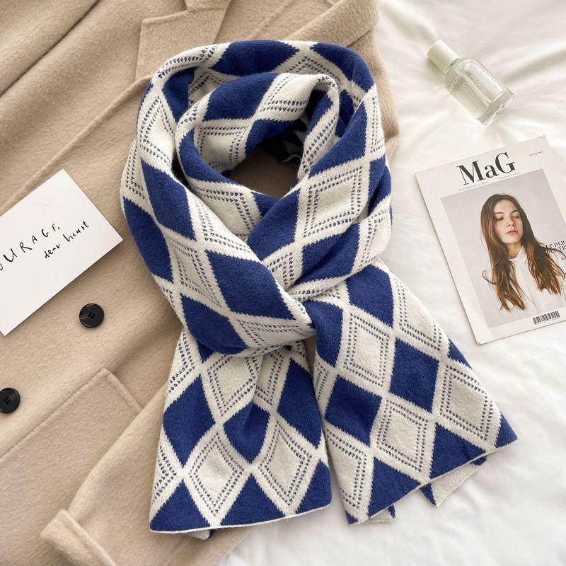 

Korean Version of Arctic Velvet Rhombus Plaid Scarf for Women Winter Literary Retro Knitted Wool Shawl Warm Student Scarf 35*175cm