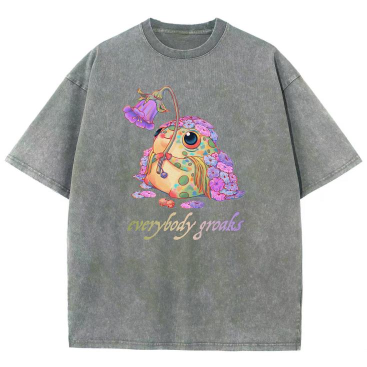 Colorful Frog Hot Stamping Print Women T-Shirt Washed Denim Oversized Couple Short Sleeve Unisex High Quality Tees Cute