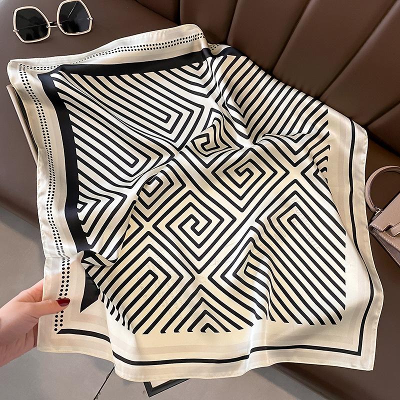 Korean version of fashionable black and white striped back glyph simple silk silk scarf medium square scarf mulberry silk scarf 70 silk scarf 70*70cm