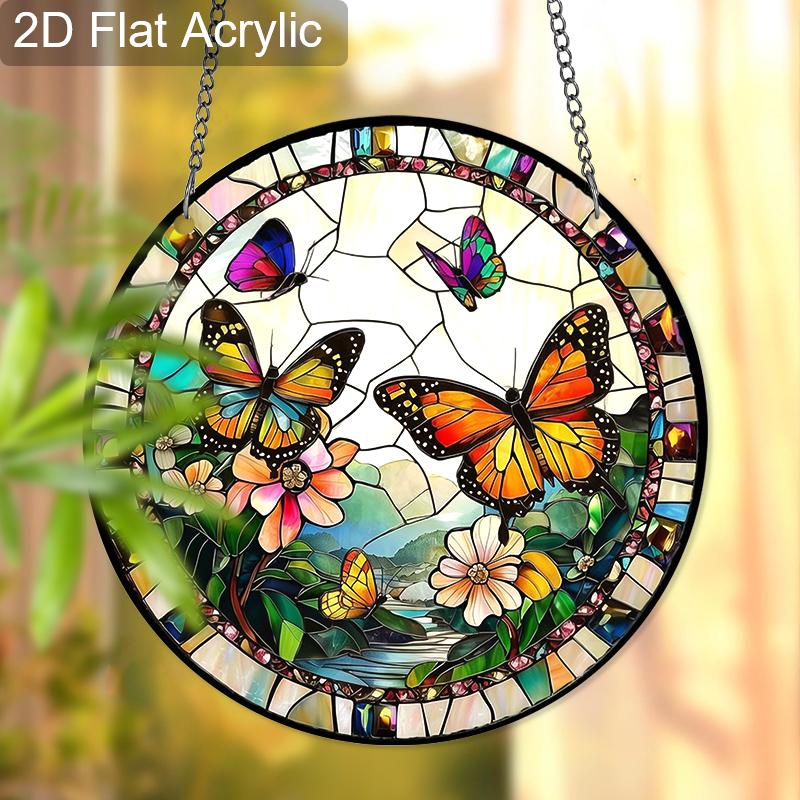 Acrylic Colorful Butterflies and Flowers Suncatcher, Stained Glass Style Window Hanging Ornament for Nature and Garden Lovers