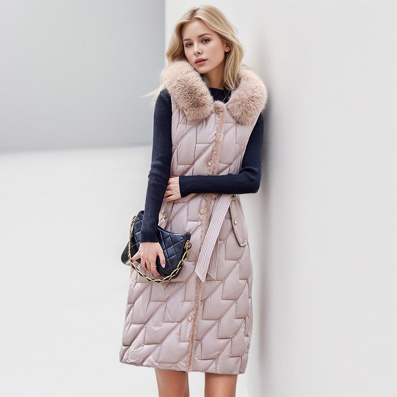 

Women s Winter Jacket 2026 Winter Women s Long Fur Collar Thicken Warm Sleeveless Cotton Jacket For Women Waist Cotton Vest Coat L рожевий