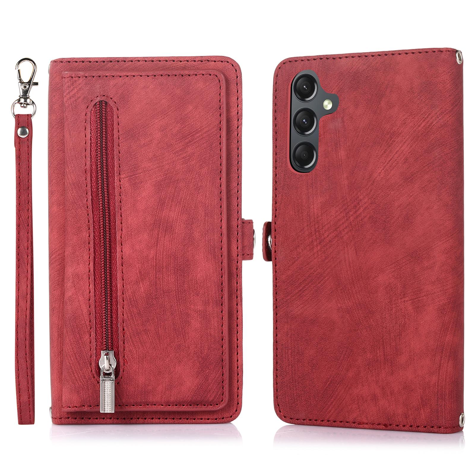 

Чехол для Samsung Galaxy A55 5G с карманом на молнии, 9 отделениями для карт, кожаный чехол для телефона из полиуретана с ремешком на запястье Red