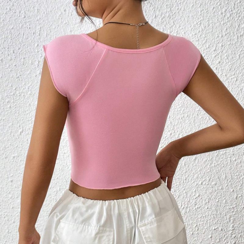European-Style Women's V-Neck Sleeveless Slit Crop Top - Solid Color Spring/Summer New Arrival