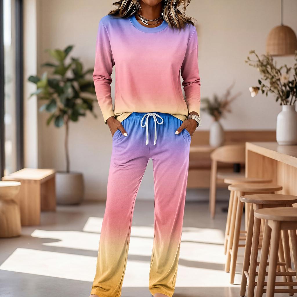 Set Pigiama da Donna a Manica Lunga con Scollo Rotondo, Coulisse e Gamba Larga per Casa e Sonno Casual