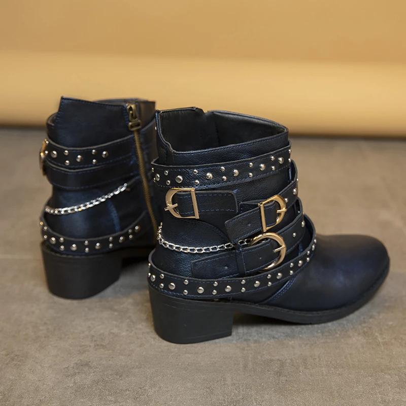 Fashion New Square Heel Women Motorcycle Boots Rivet Zip Design Ankle Boot for Women Street Style Female Shoes Western Boot Large Size43