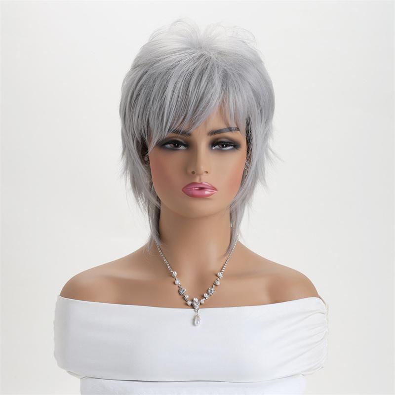 

Синтетические кудрявые парики Натуральный короткий женский парик Парик «Волосы мамочки» с челкой Подарок для онкобольного Повседневное использование серебряный серый