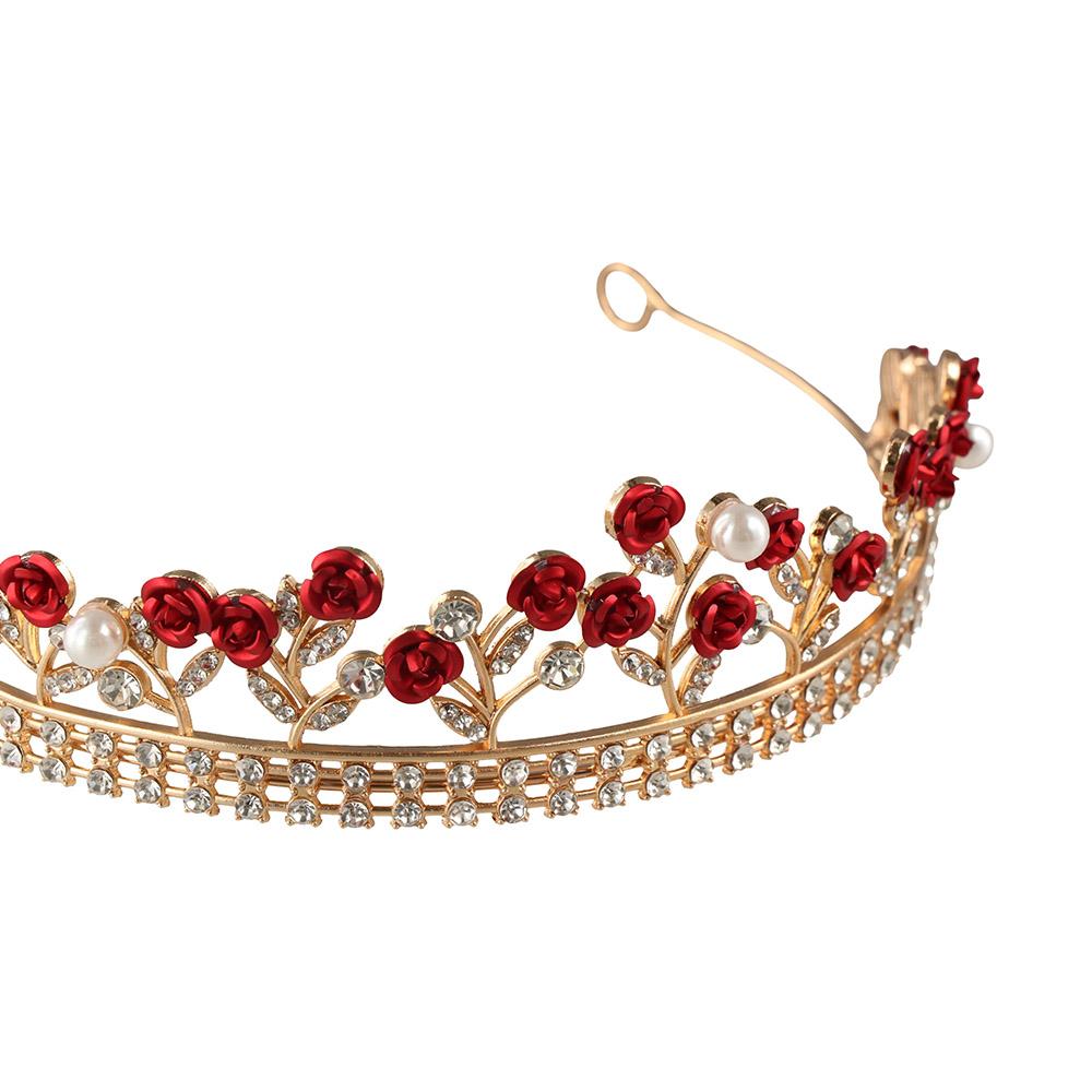 Princess Vintage Red Rose Rhinestone Gold Color Zinc Zinc Alloy Bridal Tiara Diadem Headwear Hair Crown