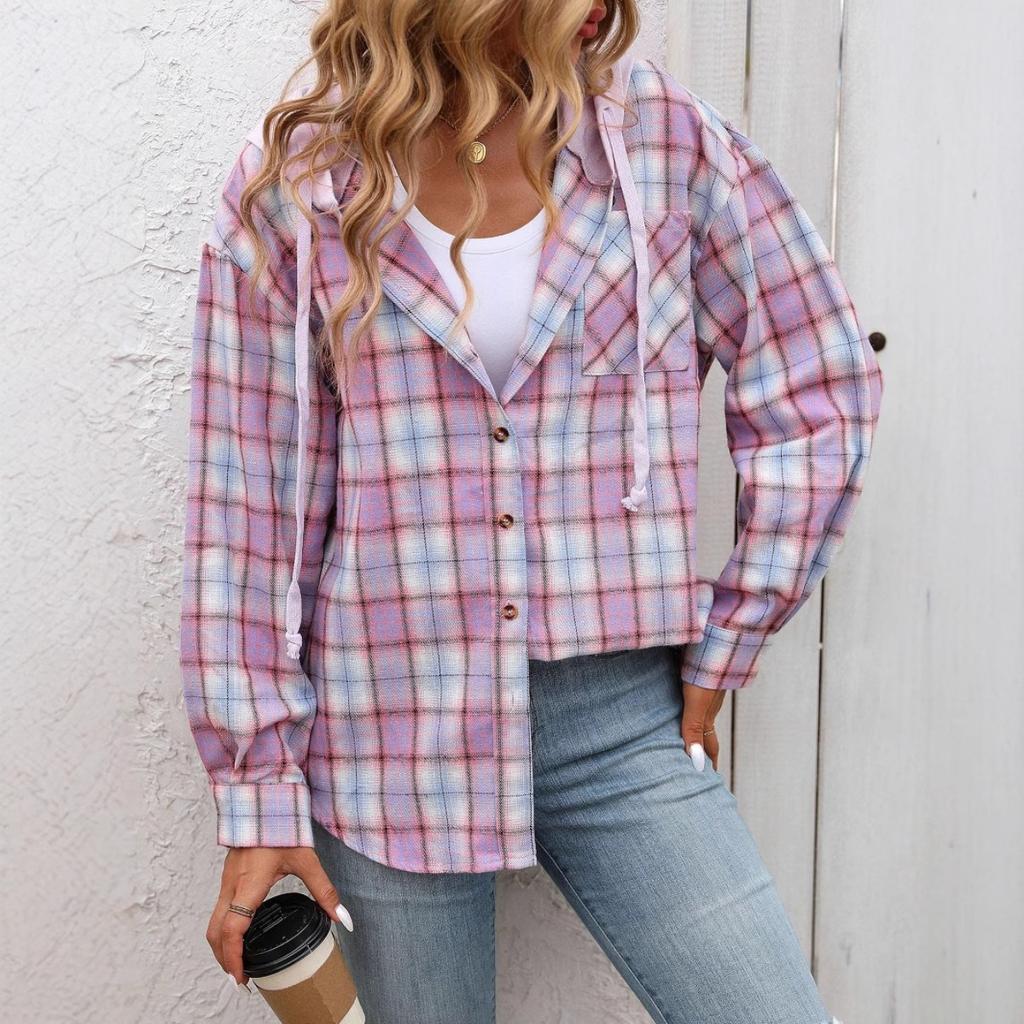 Autumn Winter New Women's Fashion Casual Plaid Colorblock Hooded Shirt Jacket