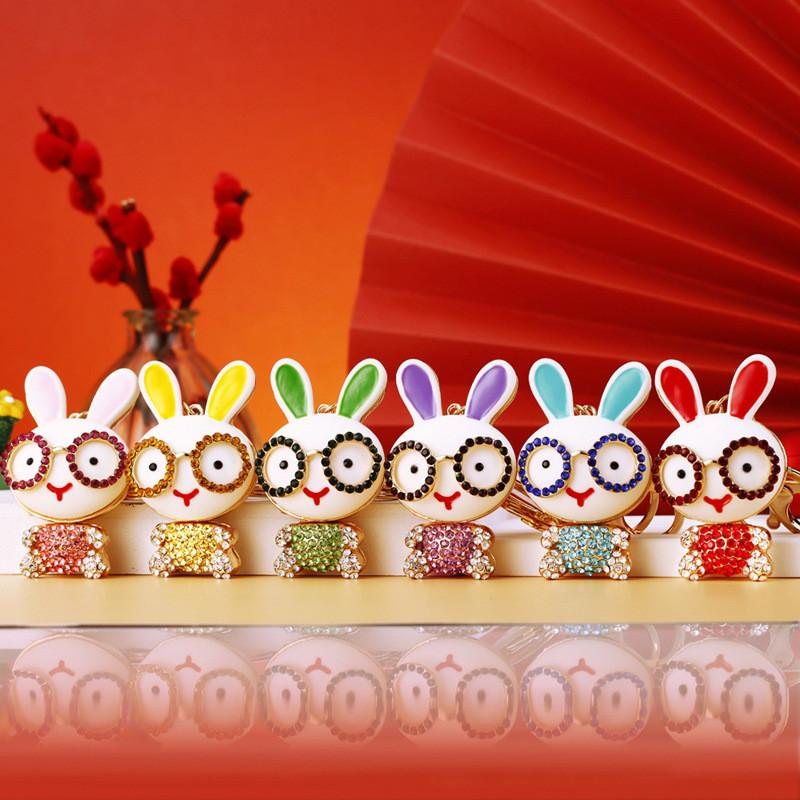 Creative Colorful Rabbit Keychain With Dazzling Rhinestones Stylish Keyring For Women