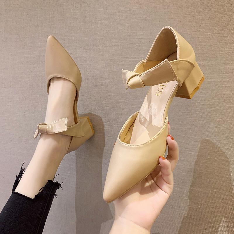 2025 Autumn New Women's Shoes Korean Version Thick Heel Pointed Hollow Bow Fashion Single Shoes Fashion Versatile High Heels