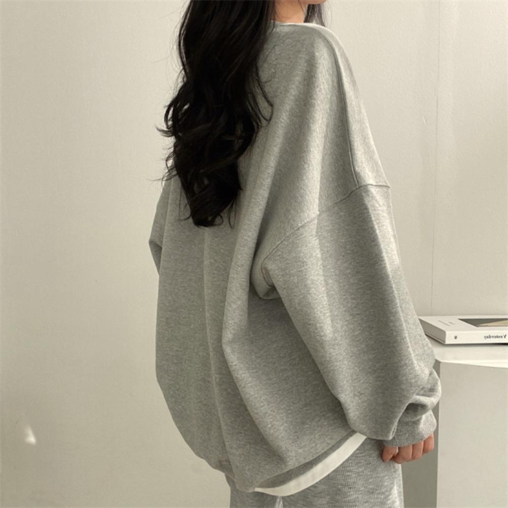 Women's Casual Two-in-One Sweatshirt, Loose Korean Style Solid Color Fleece Top, All-Match Spring Autumn Outerwear