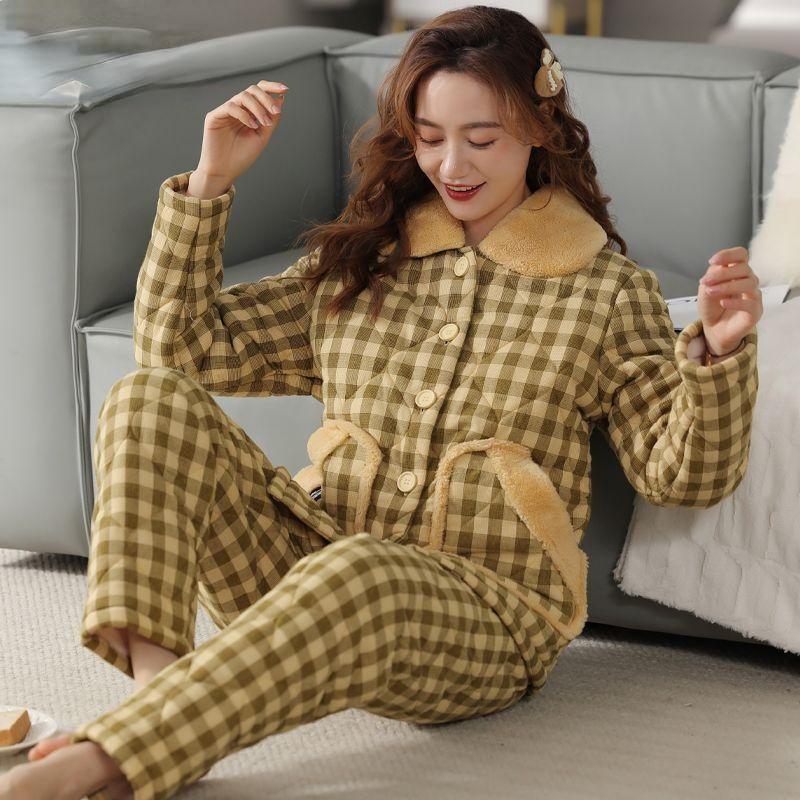 Bunda Pyžamo Dámské Zimní Třívrstvé Teplé Plyšové Zahuštěné Domácí Oblečení Neformální Středního Věku Mladé Pyžamo Set