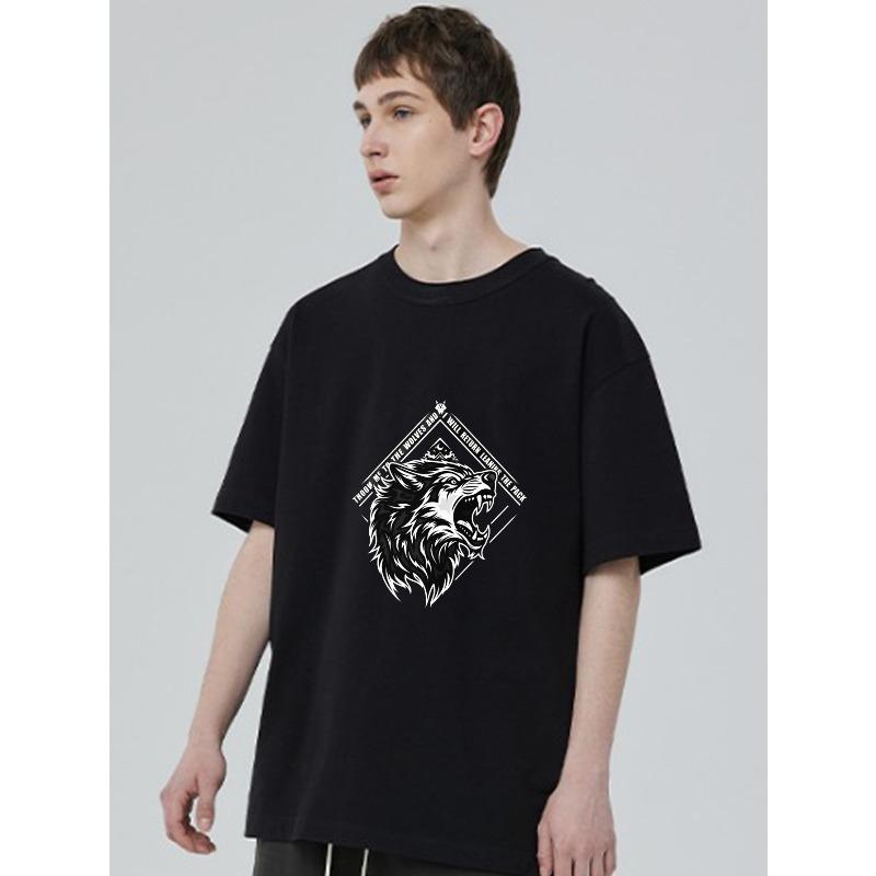Black T Shirt With Wolf Head And Text Design For Casual Wear