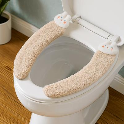 Cozy Thickened Lamb Fleece Toilet Mat Adhesive Soft Cartoon Rabbit Toilet Mat Non-Slip Plush Washable Toilet Mat Home Use