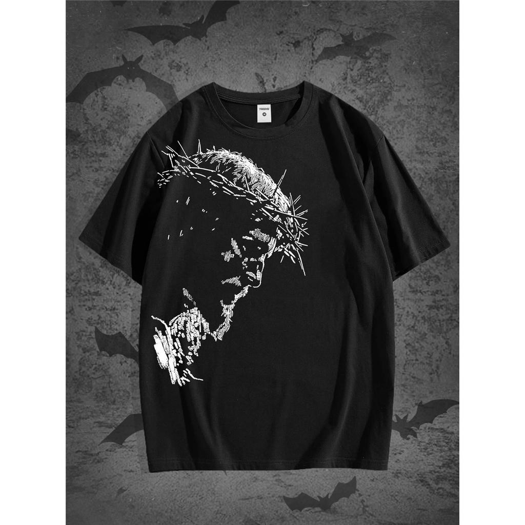 Vintage Jesus Head Print T-Shirt - Distressed Religious Icon Suitable for Church, Study & Casual Wear - Solid Color Round Neck Summer 