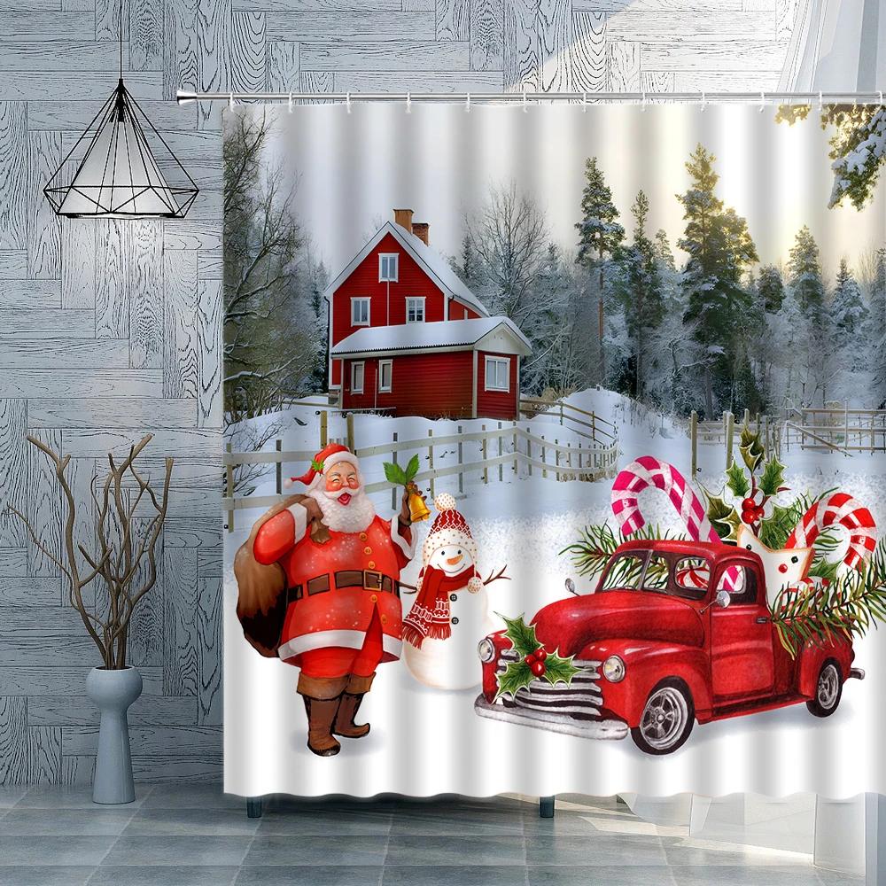 Christmas Shower Curtain Snowmen Bird Rural Wooden Fence Winter Holiday New Year Fabric Bathroom Curtains Farmhouse Decor Set