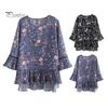 Sommer Frauen Tops Oansatz 3/4 Hülse Rüschen Saum T-shirt Blumen Druck Lose Fit Chiffon Bluse Streetwear