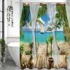 Cortina de Ducha con Vistas al Mar en Balcón de Playa, Cortina de Ducha Decorativa para Baño con Flores, Océano, Palmeras y Velero, Cortina de Ducha Impermeable